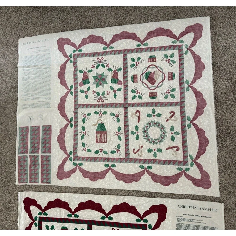 Vtg Wamsutta Christmas Sampler Fabric Panel Cheater Quilt Wall Hanging Uncut 2PC